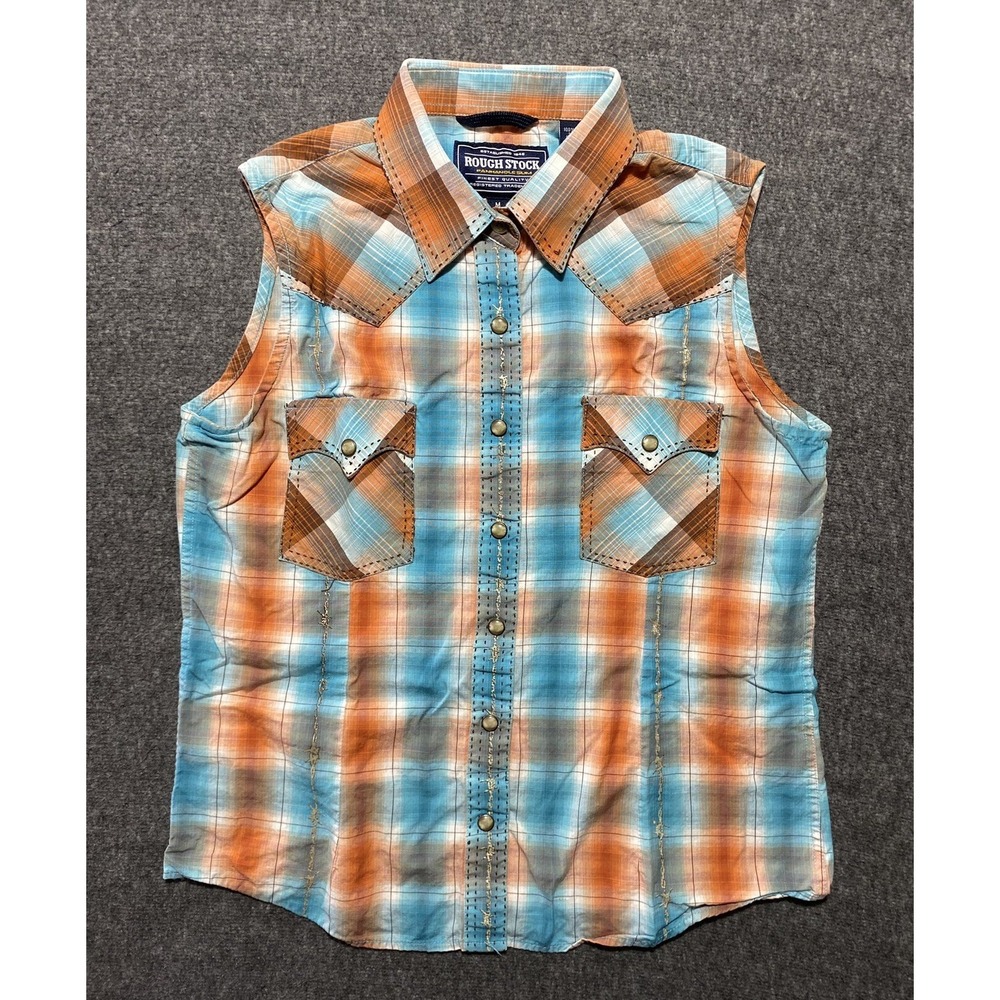 Panhandle Slim Rough Stock Blue Orange Plaid Western Sleeveless Vest Womens M